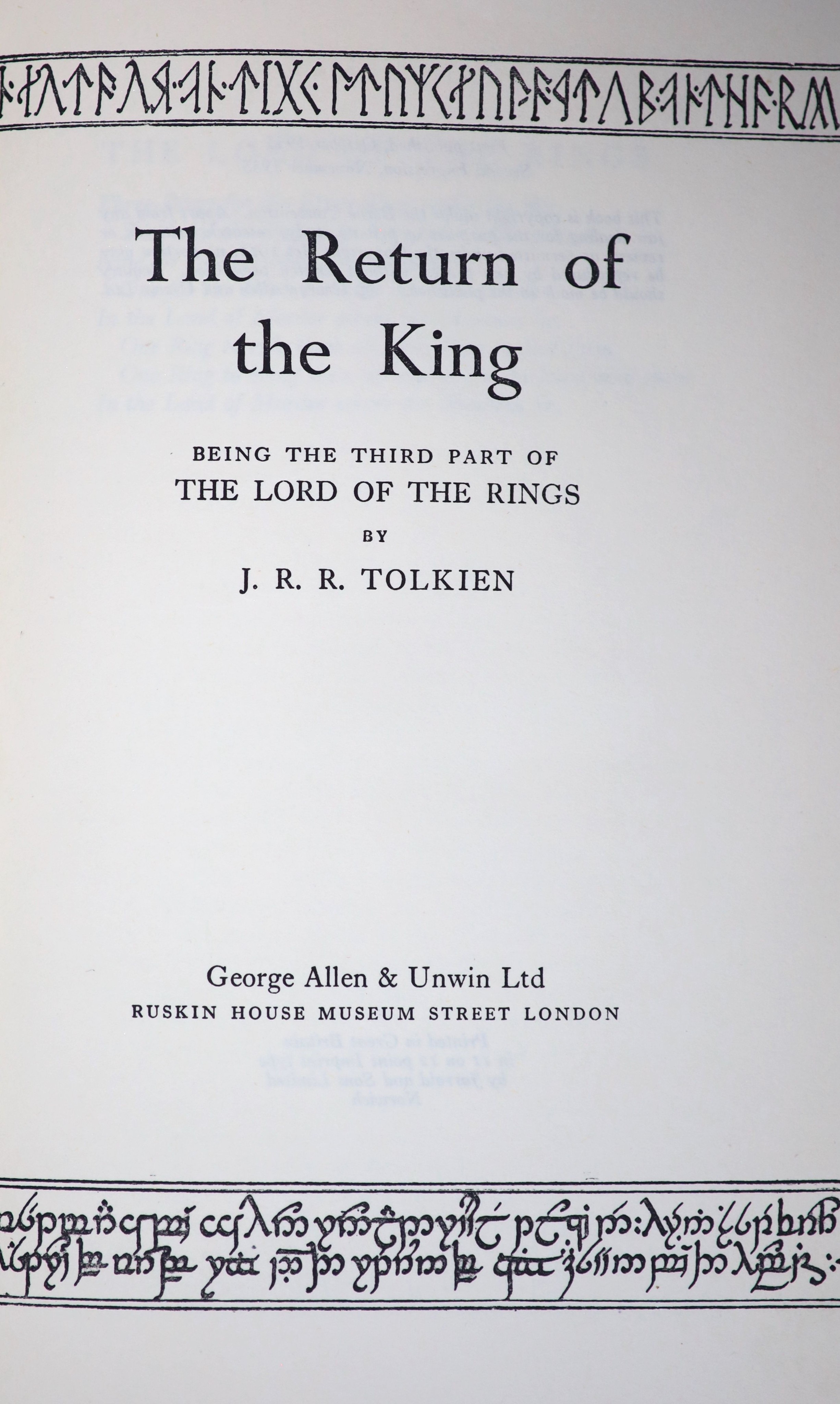 Tolkien, J.R.R - The Lord of the Rings, 3 vols, The Fellowship of the Ring, 5th impression, 1956; The Two Towers, 4th impression, 1956 and The Return of the King, 2nd impression, 1955, rebound red cloth, school prize bin